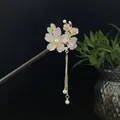 Traditional Chinese style sandalwood hair stick with resin flowers and golden tassel - Pink and Purple Resin Flower Metal Tassel Style (2312)