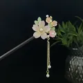 Elegant antique style wooden floral hairpin with pink petals and golden tassels - Pink Green Resin Flower Pearl Tassel Style (2313)