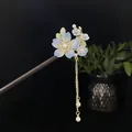 Exquisite Chinese sandalwood hair stick featuring blue blossoms and a pearl tassel - Blue Gradient Floral Pearl Tassel Style (2314)