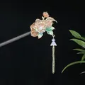 Elegant vintage wooden hair stick featuring floral enamel and a long dangling tassel - Enamel Painted Flower Purple Bud Tassel Style (发簪2371)