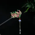 Vintage Chinese wooden hair stick with colorful enamel phoenix and hanging tassel detail - Golden Phoenix Enamel Style (2389)