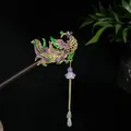 Traditional Chinese phoenix wooden hairpin with purple tassel and elegant bead detail - Purple Phoenix Enamel Style (2387)