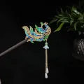 Traditional Chinese phoenix sandalwood hair stick with blue enamel and long pearl tassels - Blue-Green Phoenix Enamel Style (2388)