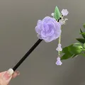 Elegant traditional Chinese wood hair stick with a large purple fabric flower and tassel - Purple Fabric Floral Tassel Style (2390)