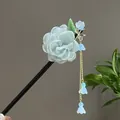 Elegant wooden hairpin with light blue fabric flower and gold tassel charms for Hanfu - Light Blue Silk Flower Lily of the Valley Tassel Style (2392)