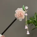 Elegant handcrafted wooden hair stick featuring a large pink fabric rose and floral tassels - Pink Gauze Rose Step-Shake Style (2391)