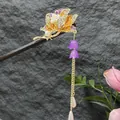 Elegant vintage sandalwood hair stick featuring purple floral tassel and crystals - Golden Hollow Flower Pearl Purple Lily of the Valley Style (2437)