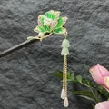 Vintage Chinese sandalwood hairpin with green enamel flower and pearl tassel pendant - Green Enamel Leaf Lily of the Valley Tassel Style (2438)
