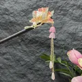Elegant Chinese wooden hair stick featuring a pink resin flower and long pearl tassel - Pink-Orange Gradient Flower Lily of the Valley Step-Shake Style (2439)