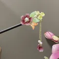 Elegant sandalwood hair stick featuring handcrafted colorful flowers and gold tassels. - Colorful Floral Long Tassel Step-Shake Style (2443)