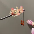 Traditional Chinese sandalwood hairpin with pink resin flowers, pearls and red beads - Orange-Pink Carp Petal Tassel Style (2441) / Orange Pink