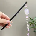 Handcrafted ebony wood hair stick featuring purple floral tassel and elegant pearl drops - Light Purple Floral Artificial Pearl Tassel Style (8880) / Lavender