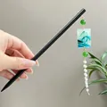 Elegant sandalwood hairpin with landscape painting pendant and pearl tassel decoration - Cyan Landscape Painting Green Bead Tassel Style (8886) / Black