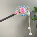 Elegant wooden hairpin with pink rose, blue leaves, and pearl tassel in Chinese style - Hollow Fan Pink Rose Tassel Style (2635) / Pink