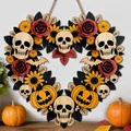 Ghirlanda rustica di Halloween in legno a forma di cuore con teschio, zucca e rose - Stile Teschio Cuore Zucca (04) / Lato Max 20