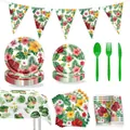 Detail of Hawaiian party set including plates, cutlery and tablecloth with floral prints - Hawaii Theme / 9-Piece Set (Plates/Cups/Napkins/Tablecloth/Banner/Cutlery)