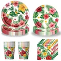 Tropical Hawaiian party tableware set with hibiscus flower and palm leaf pattern - Hawaii Theme / 4-Piece Set (7-inch Plates/9-inch Plates/Cups/Napkins)