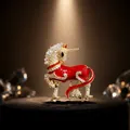 Detailansicht einer luxuriösen roten Emaille-Einhorn-Brosche mit funkelnden Kristallen - Rotes Ross Brosche