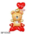 Standing brown bear foil balloon with red Love you heart for Valentine decoration, 58x157cm. - Large Base Valentine's Bear