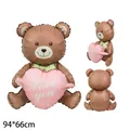 Giant brown standing teddy bear foil balloon holding pink Love You heart 94x66cm size - Brown Teddy Hugging Heart / With 3 Stickers