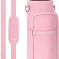 Pink neoprene water bottle carrier with adjustable strap and zipper pocket detail - Pink