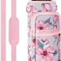 Floral neoprene water bottle sleeve with adjustable shoulder strap and zipper pocket - Pink Floral