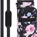 Floral pattern water bottle carrier with adjustable strap and front zipper pocket - Black Floral