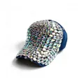 Detailed close-up of iridescent rhinestones on a navy blue fashion baseball cap - Vintage Blue Denim