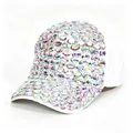 Detailed macro view of a white fashion baseball cap with handmade colorful rhinestones. - White