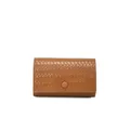 Elegant brown woven leather card holder for women featuring a minimalist snap button closure - Woven Texture Style / Brown