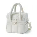 Elegant white quilted puffer lunch bag featuring double-layer insulation and shoulder strap - Beige
