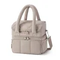 Premium beige quilted double-layer insulated lunch bag with comfortable padded handles - Camel