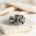 Vintage punk titanium steel ring with intricate carved hollow patterns on stone - US Size 9 / Silver