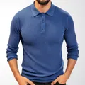 Men's blue long-sleeved knit polo shirt with textured waffle fabric and a buttoned collar. - M / Tops / Blue