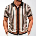 Men's retro vertical stripe knitted polo cardigan with short sleeves and buttons - M / Tops / Black