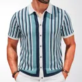 Stylish men's blue and white vertical striped knitted short-sleeve polo cardigan sweater - M / Tops / Blue