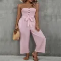 Combinaison bustier rose chic à jambes larges avec ceinture à nœud pour femmes - S / Haut et Bas / Rose