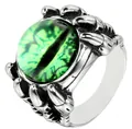 Punk style titanium steel variant ring with a realistic green dragon eye in silver eagle claws - Silver With Green Zircon