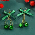 Festive Christmas earrings featuring green bowknots and jingle bells on gold-tone hooks - Green Bow Single Bell (H-142)