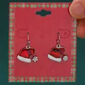 Festive Christmas Santa hat enamel drop earrings with sparkling rhinestones on red card - Red Santa Hat (H-232)