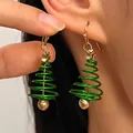 Cute green spiral metal Christmas tree drop earrings with gold star and ball for women - Gold Star Green Spiral Tree (A-1221)