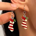 Cute Christmas stocking drop earrings in red and white enamel stripes for festive look - Striped Christmas Sock Set (H-131)