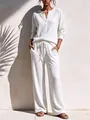 White waffle knit two-piece leisure set with Henley top and wide-leg pants - White