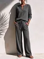Women's dark grey waffle knit two-piece lounge set with henley top and wide-leg pants - Dark Gray