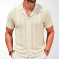 Men's cream Cuban collar knit shirt with elegant wheat ear jacquard pattern - M / Tops / Apricot