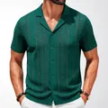 Men's dark green knitted Cuban collar polo shirt with a detailed chevron jacquard pattern - M / Tops / Green