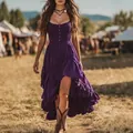 Elegant boho purple smocked high-low dress with irregular ruffle hem for summer - S / Tops / Purple