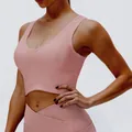 High-elastic ribbed yoga tank top and cross-waist leggings fitness set in pink color. - S / Top (12118) / Pink