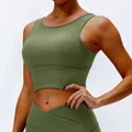 Hochelastisches olivgrünes Yoga-Tanktop mit Rippenmuster für Damen, atmungsaktiv - Armeegrün