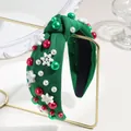 Green knotted Christmas headband decorated with white snowflakes and multi-color pearls - Snowflake Green